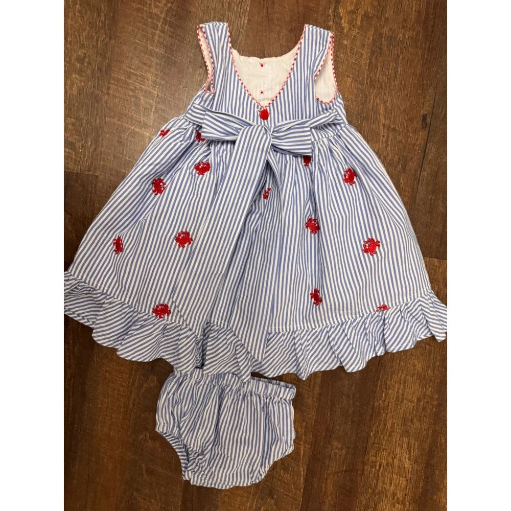 Cotton Kids Seersucker Crab Dress & Bloomers 12M Nautical Blue White Striped